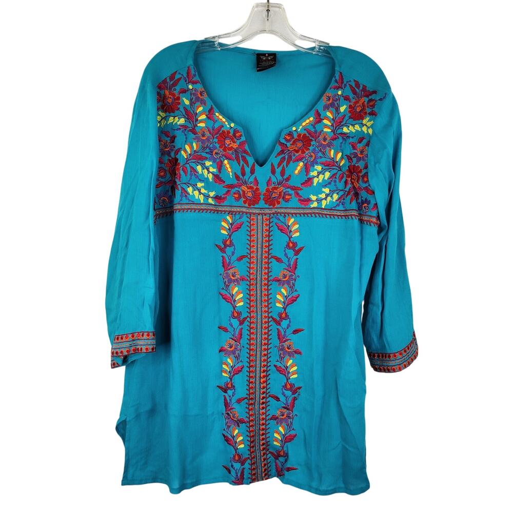 Durga Blue Gauzy Tunic  Floral Embroidery V-neck Blouse Women's Large Boho